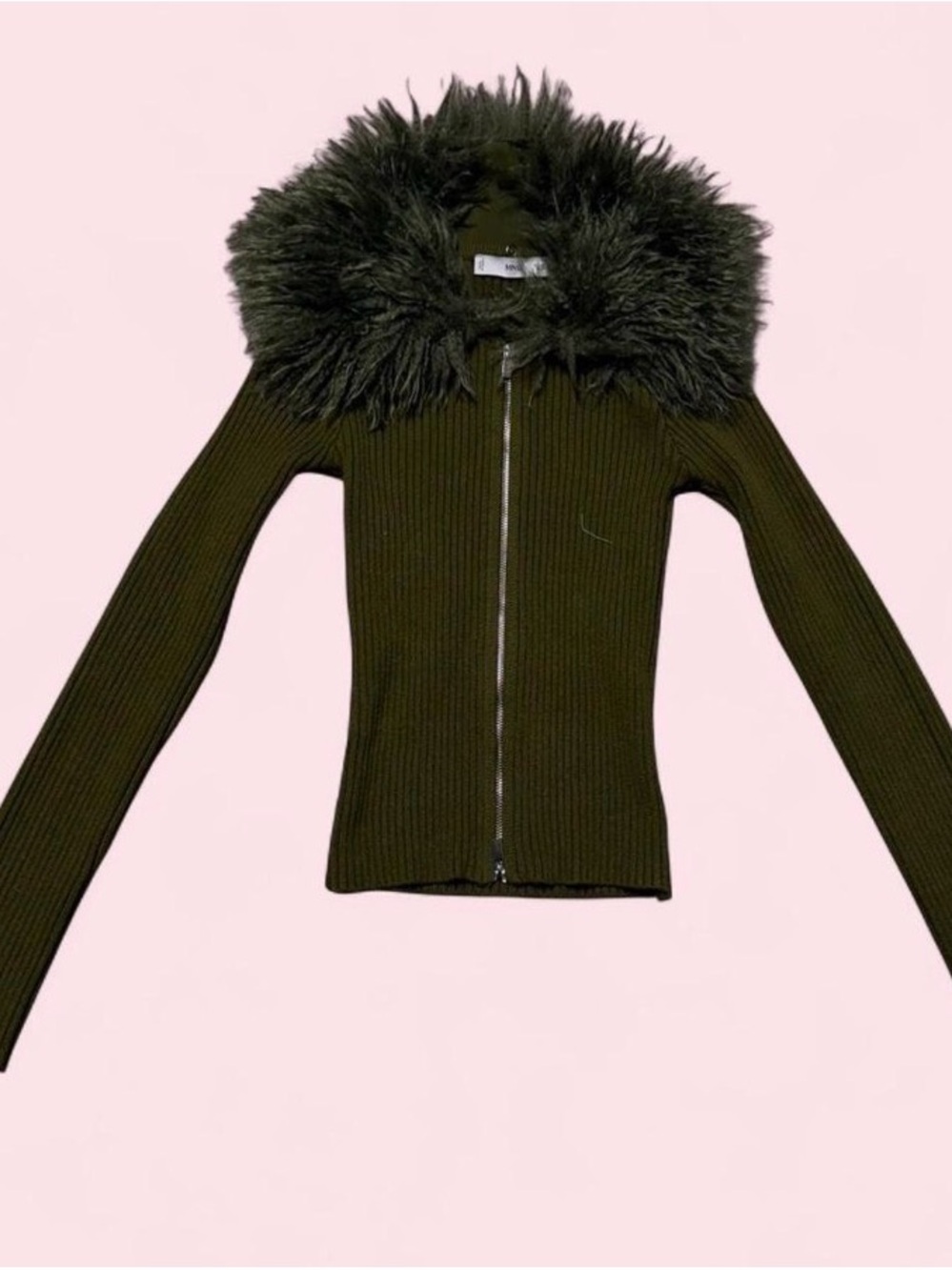 Mango Olive Green Ribbed Sweater Jacket with Faux Fur Trim
